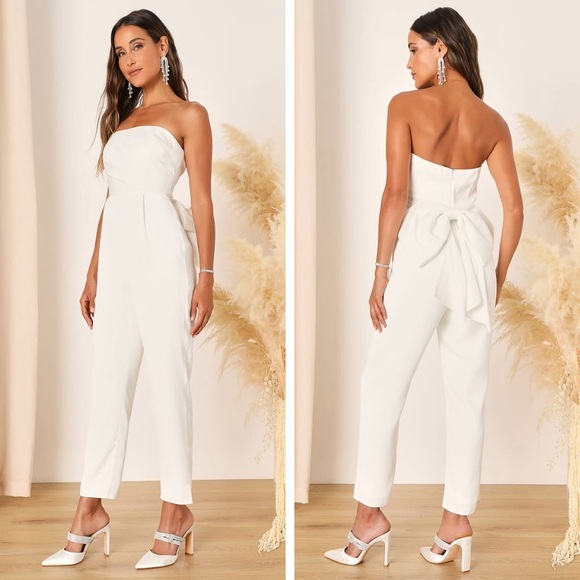 Lulus Pants - Beloved Bliss Ivory Strapless Slim Leg Bow Jumpsuit, Size Medium